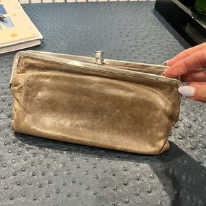 Vintage Hobo wallet/clutch. Light gray brown exterior with bright pink inside.